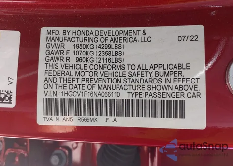 2022 Honda Accord Lx из США, поврежденный, VIN 1HGCV1F16NA066110